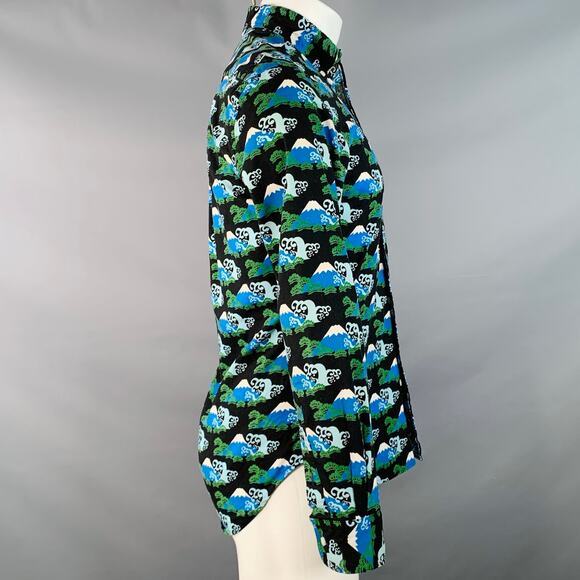 Size S Blue Black Mt. Fuji Cotton Button Down Collar Long Sleeve Shirt - Picture 3 of 6